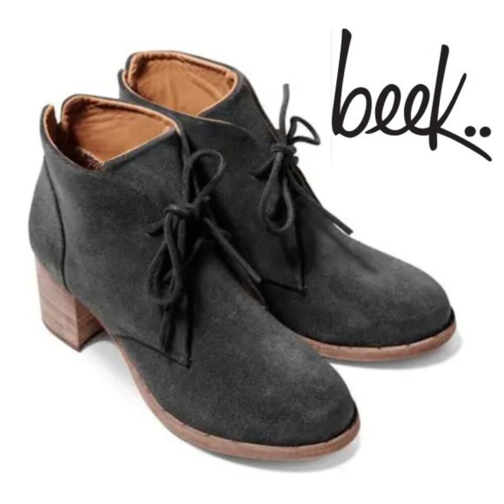Beek Songlark Heeled Ankle Boots Bootie Size 5 Off Black Oiled Suede Leather NEW